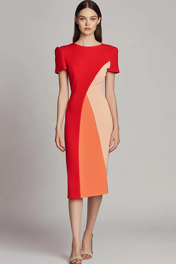 Red Patchwork Bodycon Midi Work Dress with Sleeves